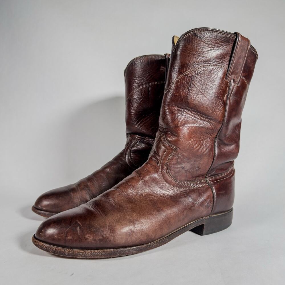 Justin 3162 Deerlite Brown Roper Cowboy Boots 9.5 EE Marbled Mexico Leather